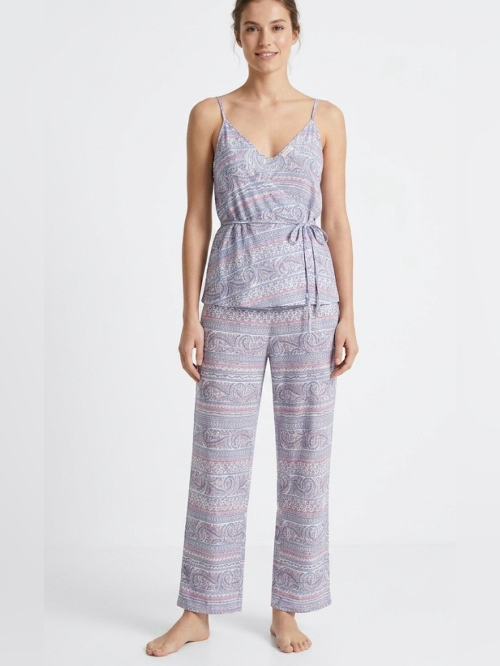 Oysho 2 pc pajama set lightweight cotton paisley snap front wrap camisole Large